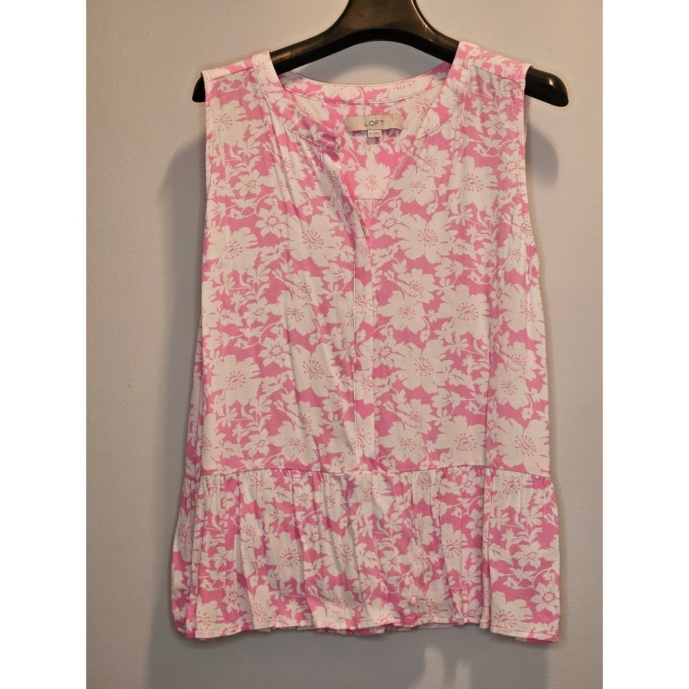 LOFT Pink White Floral Sleeveless Peplum Blouse XL Hibiscus Print Tiered Top - Picture 1 of 5